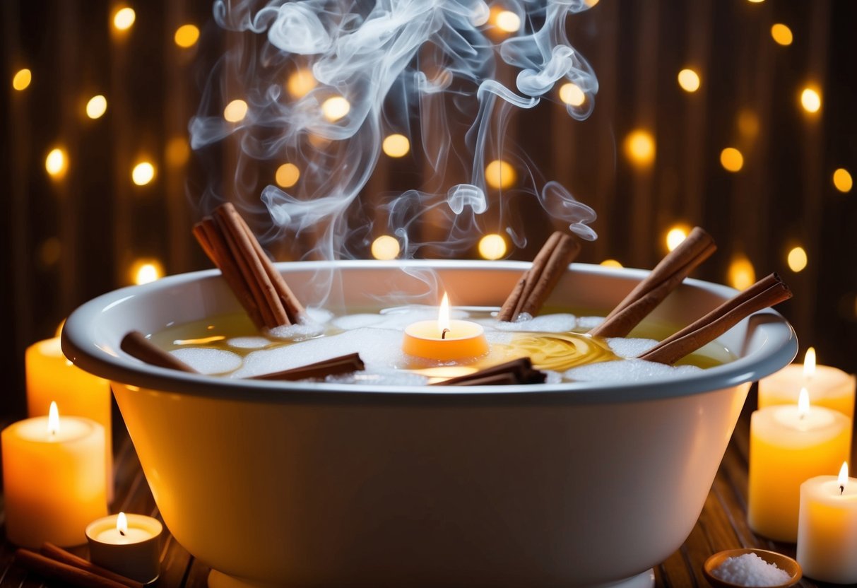 Um banho quente cheio de paus de canela giratórios e vapor perfumado, cercado por luz de velas tremulantes e sais de banho.