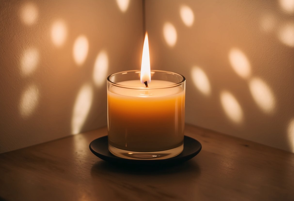 Uma vela acesa emite um aroma fragrante, cercada por uma luz suave e quente, projetando sombras dançantes nas paredes.