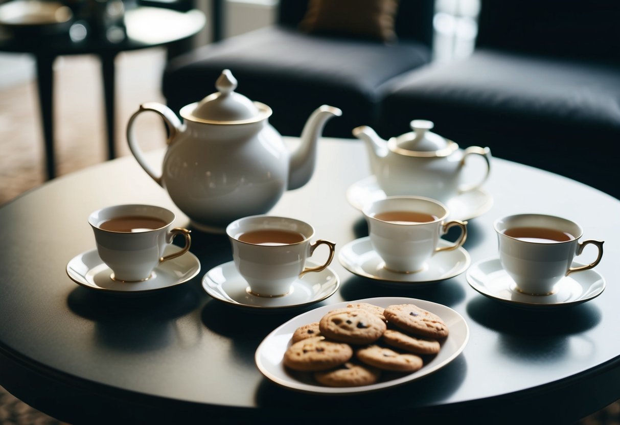 A table with a teapot, cups, and saucers arranged neatly alongside a plate of cookies