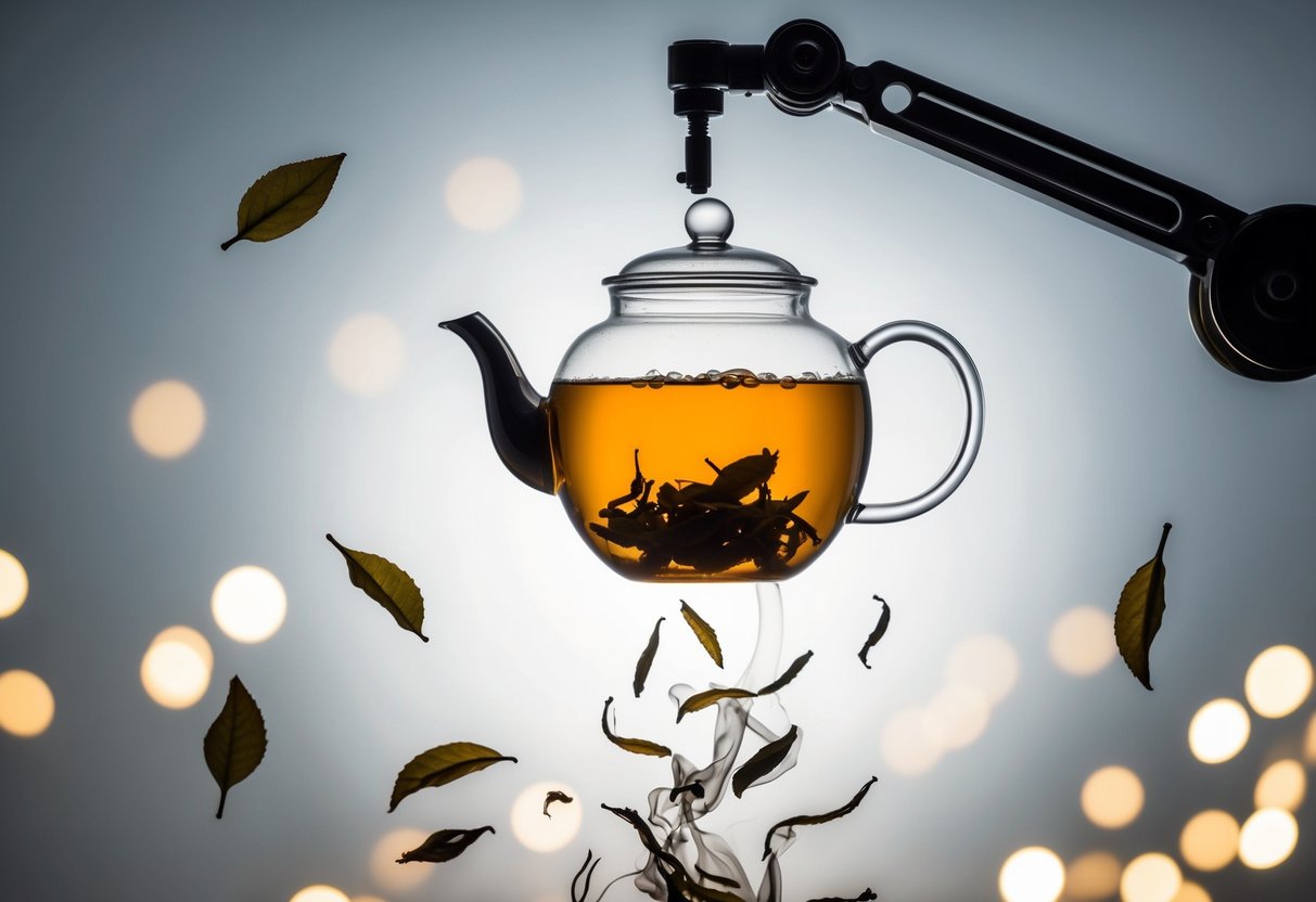 A teapot suspended in mid-air, surrounded by floating tea leaves and steam, with a mechanical arm extending towards it