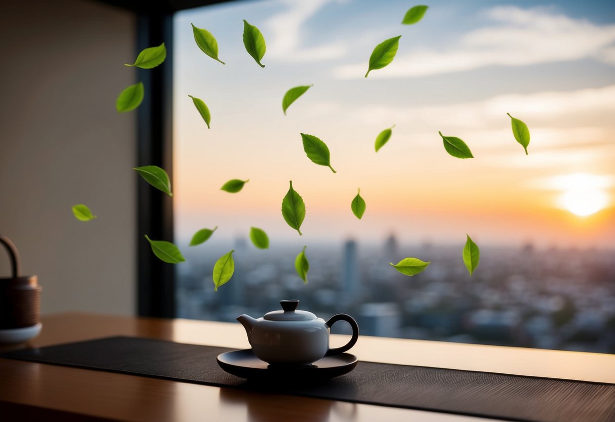 A tea ceremony with floating tea leaves and airdrop rewards falling from the sky