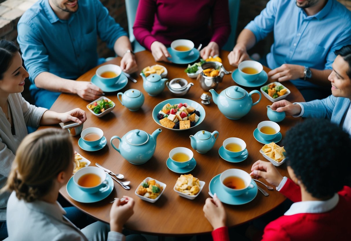 A table set with tea cups, teapots, and snacks surrounded by people in a circle, engaged in conversation and community building