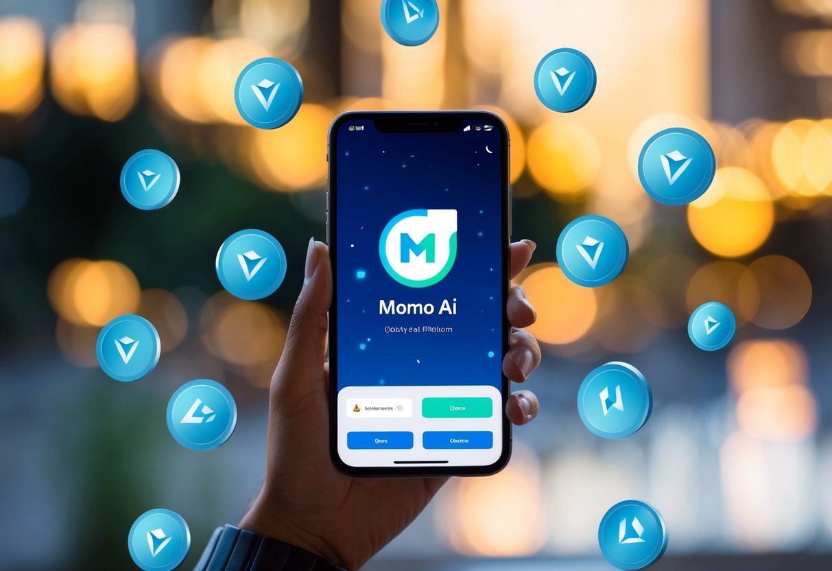 A smartphone with the Momo Ai app open, surrounded by floating Momo Ai tokens and airdrop symbols