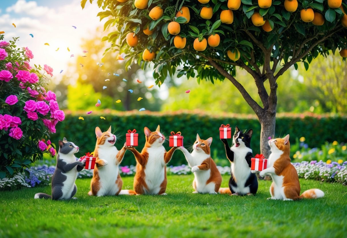 A vibrant garden with blooming flowers and a tree bearing ripe fruits, surrounded by a group of happy animals receiving airdropped gifts