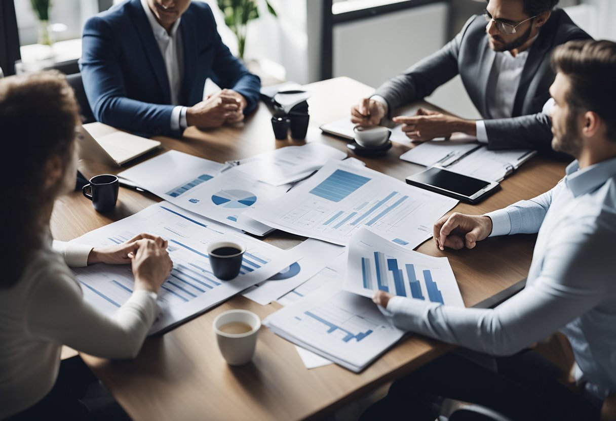 A group of small-scale real estate investors gather around a table, discussing property investments and analyzing financial documents