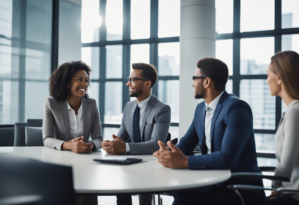 A group of business professionals discussing commercial mortgage loans in a modern office setting