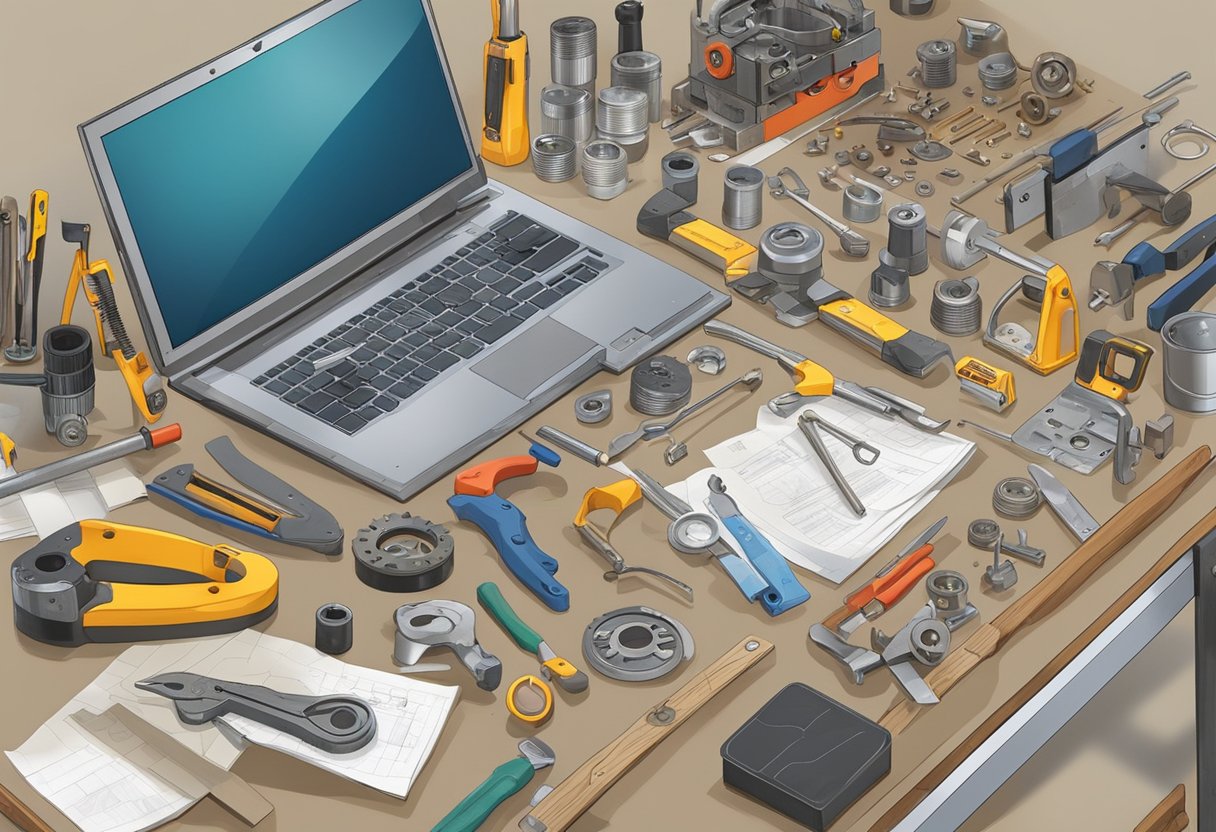 A cluttered workbench with open repair manuals, tools, and various mechanical parts scattered around