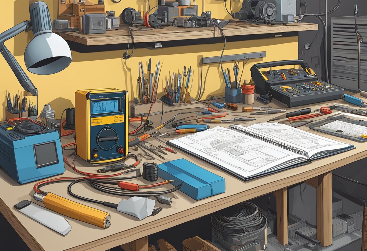 A cluttered workbench with tools, wires, and electronic components. A repair manual open to a schematic. A soldering iron and multimeter nearby