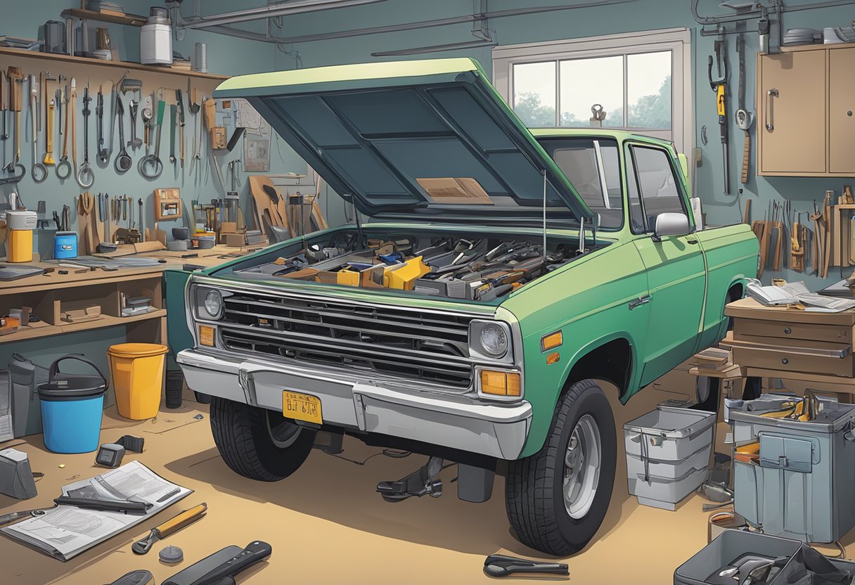 A cluttered workbench with open manuals, tools, and parts scattered around. A vehicle is parked nearby, with the hood open