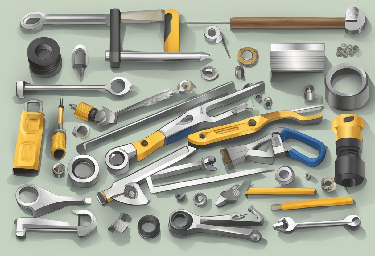 A cluttered workbench with various tools, screws, and parts scattered around. A manual open to a page on DIY repair techniques