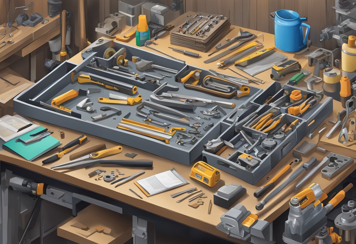 A cluttered workbench with open repair manuals, tools, and various mechanical parts scattered around