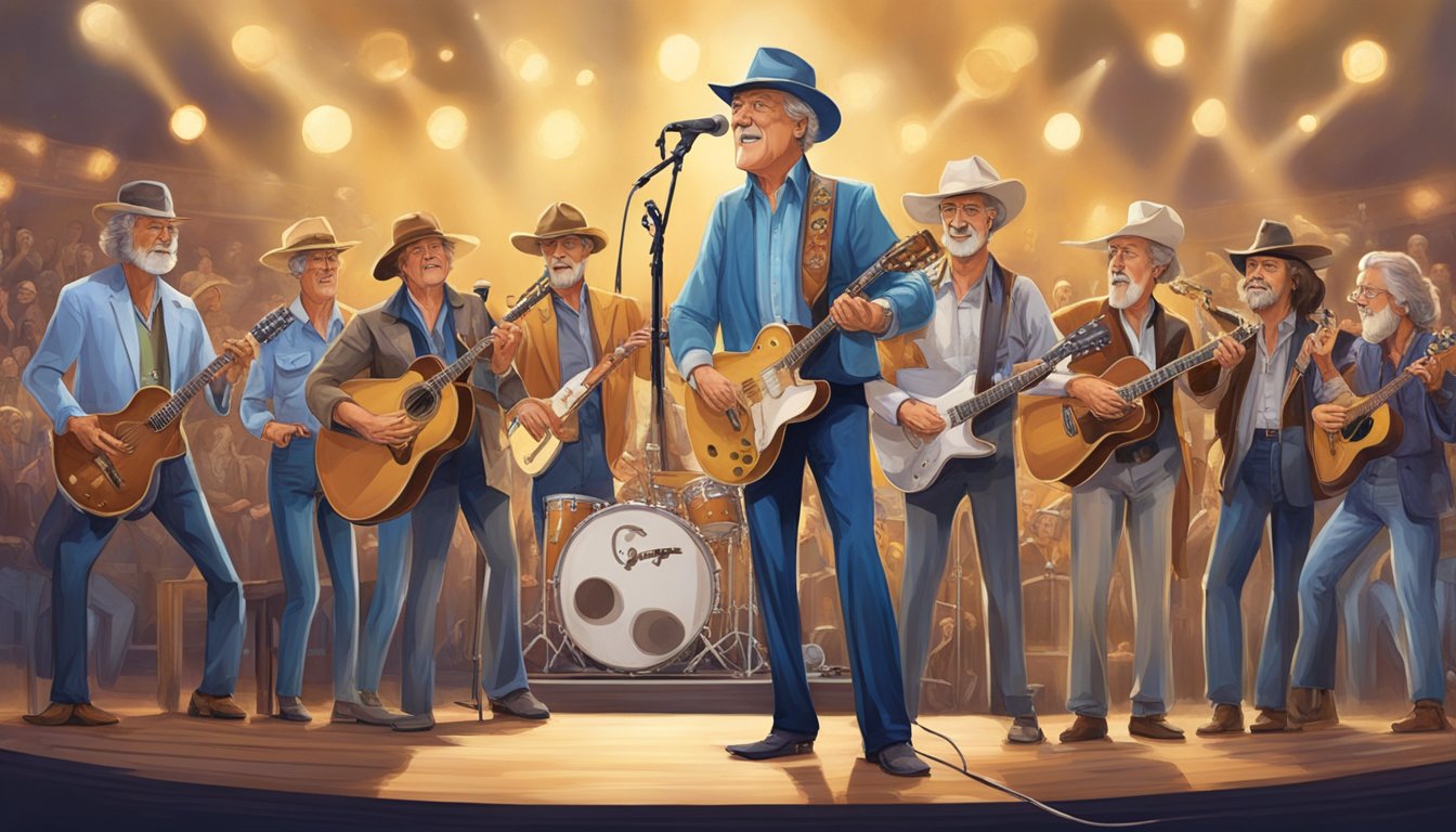 George stands on stage surrounded by other country legends, each holding their respective musical instruments. The atmosphere is filled with camaraderie and mutual respect as they discuss their musical styles and genres