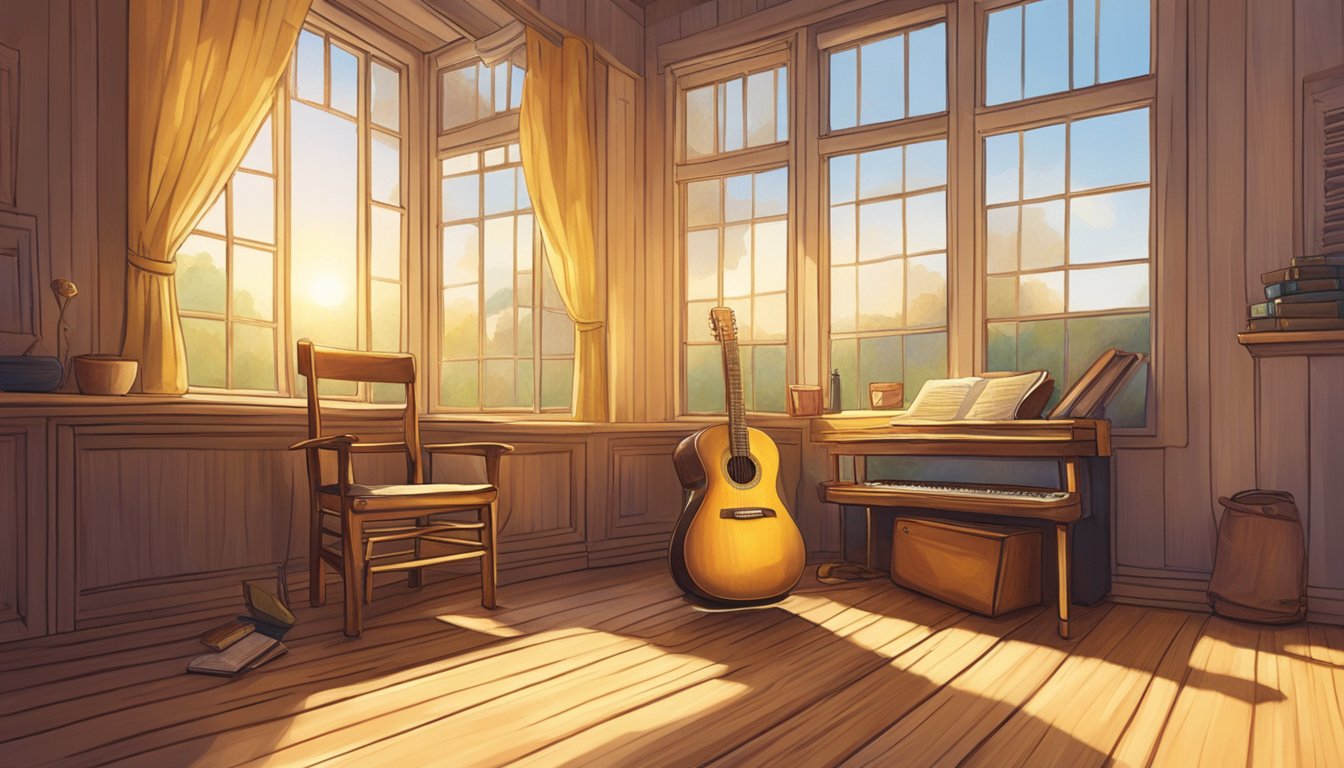 A lone guitar resting against a weathered wooden chair, bathed in warm, golden light streaming through a window. A notebook filled with heartfelt lyrics lies open on the table