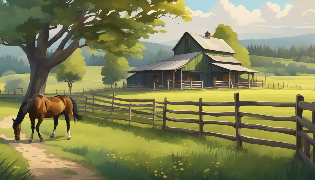 A rustic farmhouse with a sprawling green pasture, a wooden fence, and a horse grazing in the foreground