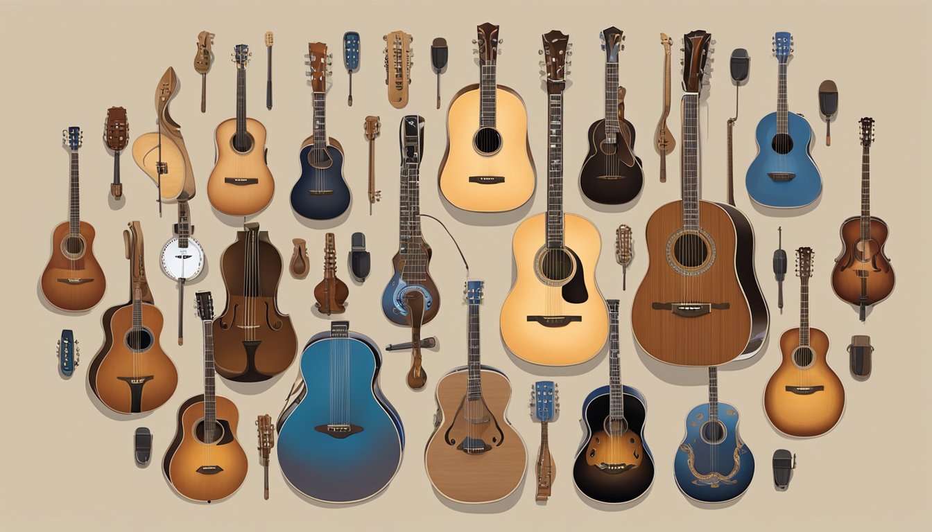 A group of iconic country music instruments arranged in a circle, symbolizing the interconnected relationships between George Strait and other country music legends