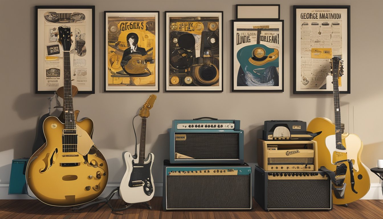 George's guitar collection displayed on a wall, with gold records and concert posters surrounding them. A spotlight highlights a vintage microphone in the center