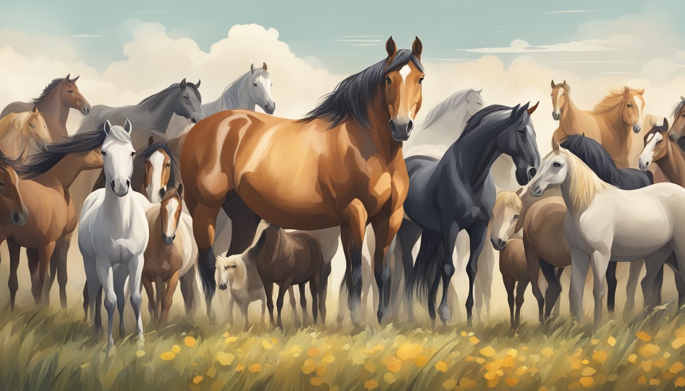 A horse standing in a field, surrounded by a diverse group of animals, with a sense of community and unity in the air