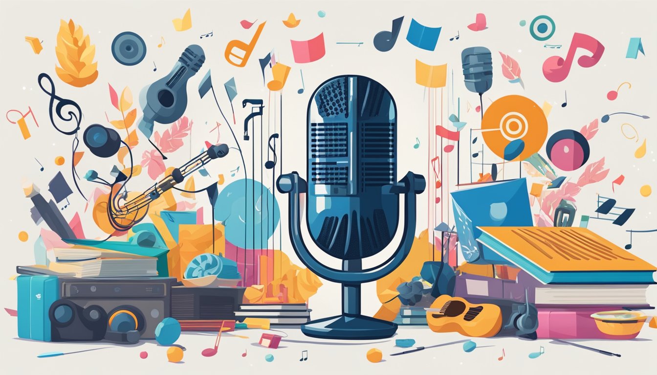 A microphone surrounded by musical notes, shooting targets, and a variety of charitable items such as food, clothing, and books