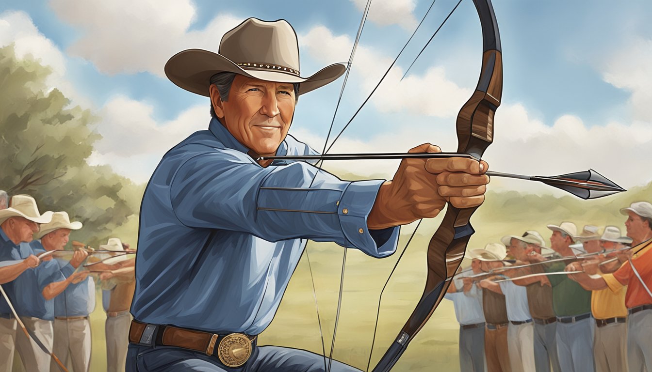 George Strait aiming a bow and arrow at a target in a charity event