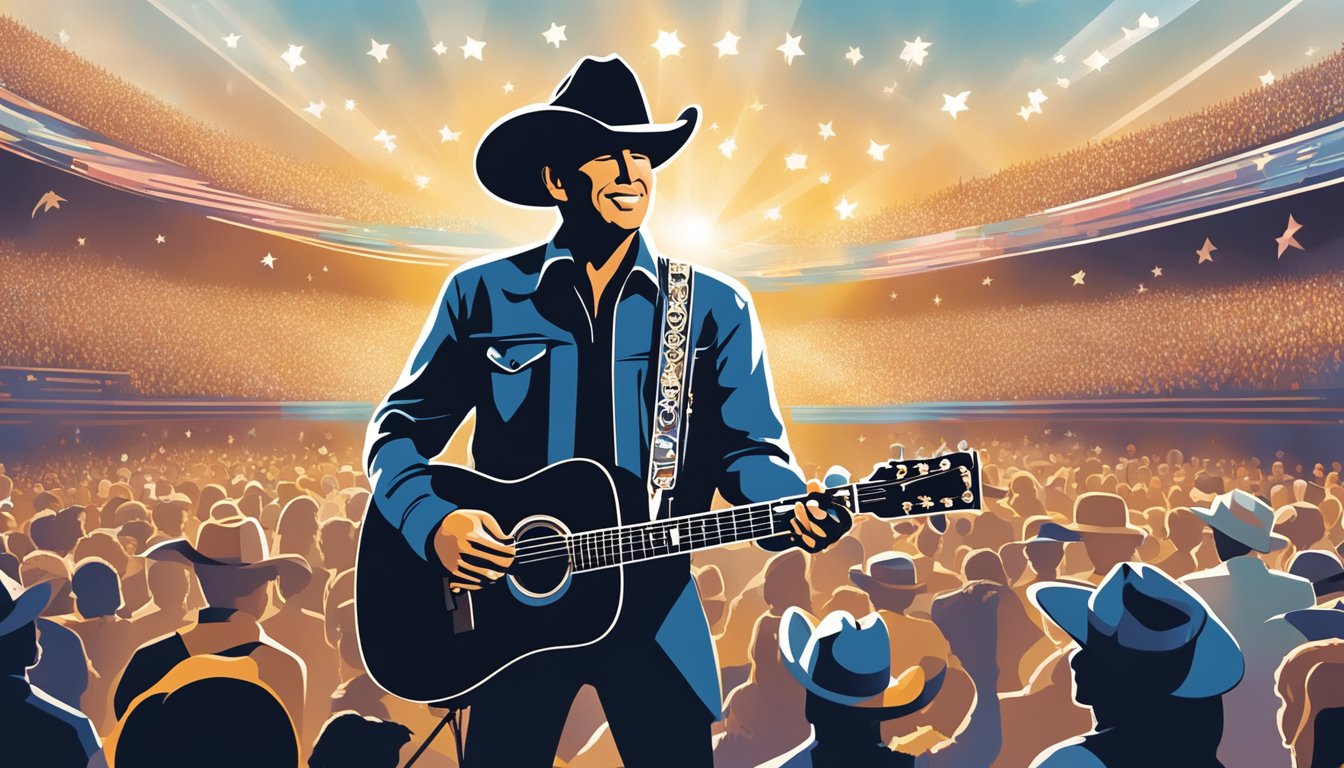 George Strait's silhouette surrounded by a crowd, holding a microphone on a stage with a backdrop of charitable organizations and symbols of his impact