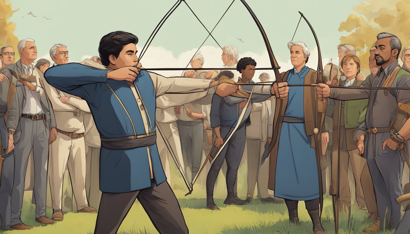 A group of diverse individuals gather around George, who stands confidently with a bow and arrow, aiming towards a target adorned with symbols of philanthropy and advocacy