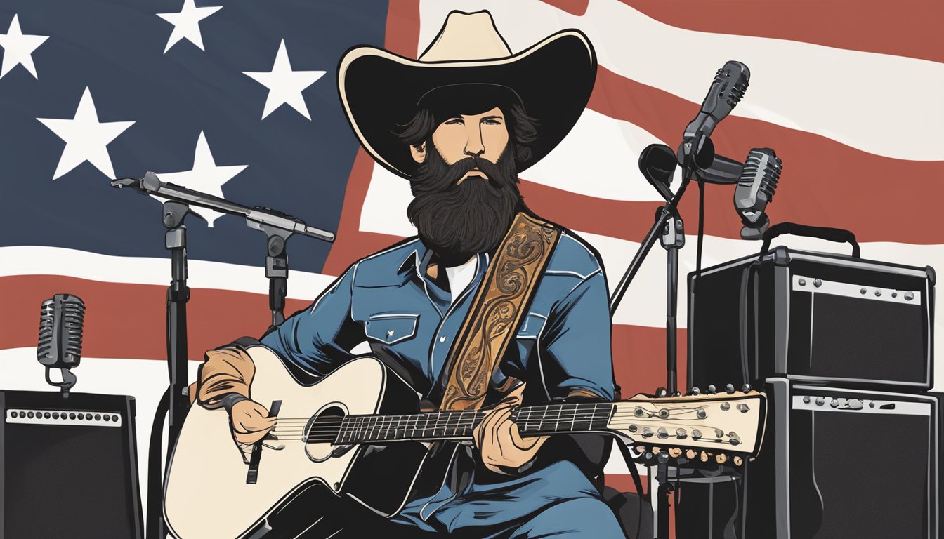 A cowboy hat on a mic stand surrounded by guitars and a Texas flag