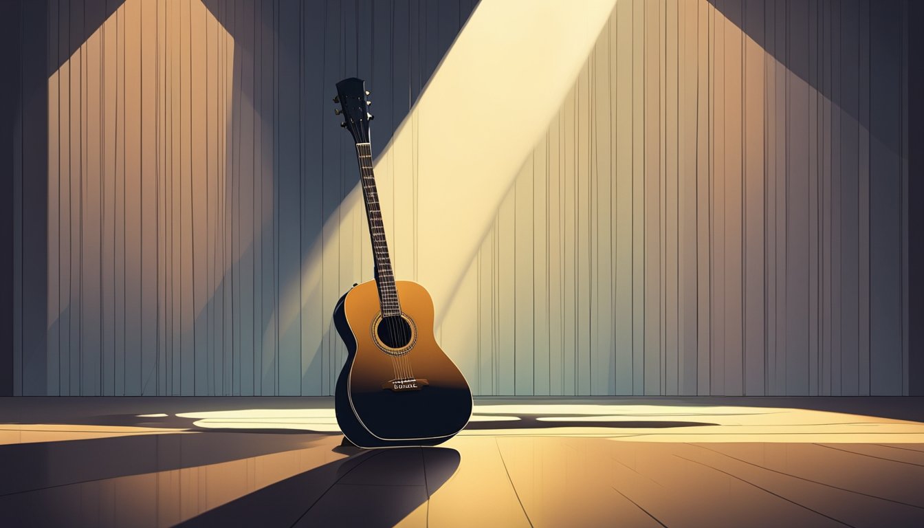 A lone guitar rests on a narrow stage, bathed in a spotlight. The silhouette of a figure stands in the background, watching intently