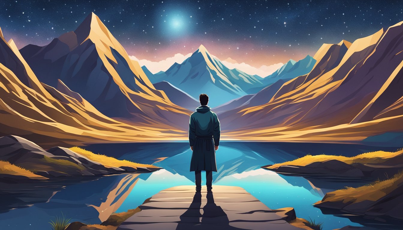 A lone figure stands on a narrow path, surrounded by towering mountains and a starry sky above. The figure is focused and determined, with a clear path ahead leading to stardom