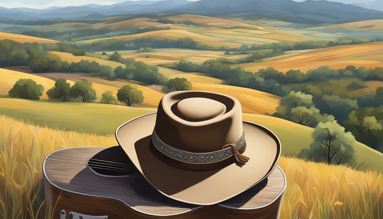 A lone cowboy hat sits atop a weathered guitar, surrounded by rolling hills and a winding country road