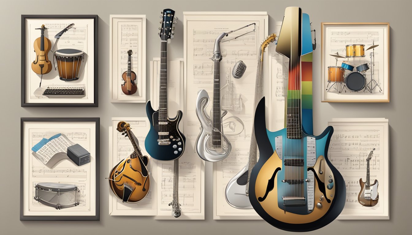 A progression of musical instruments from acoustic to electric, surrounded by sheet music and concert posters