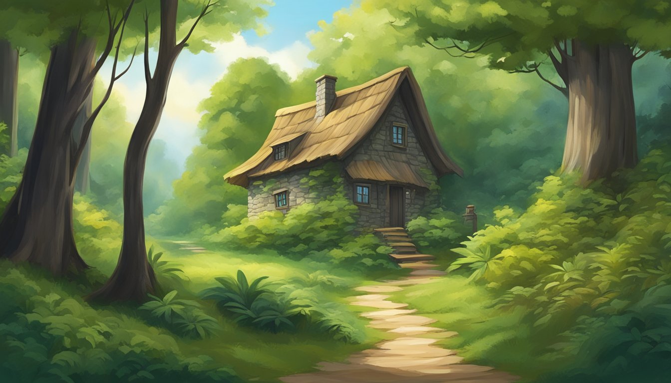 A narrow path winds through a dense forest, leading to a small, secluded cottage nestled among the trees