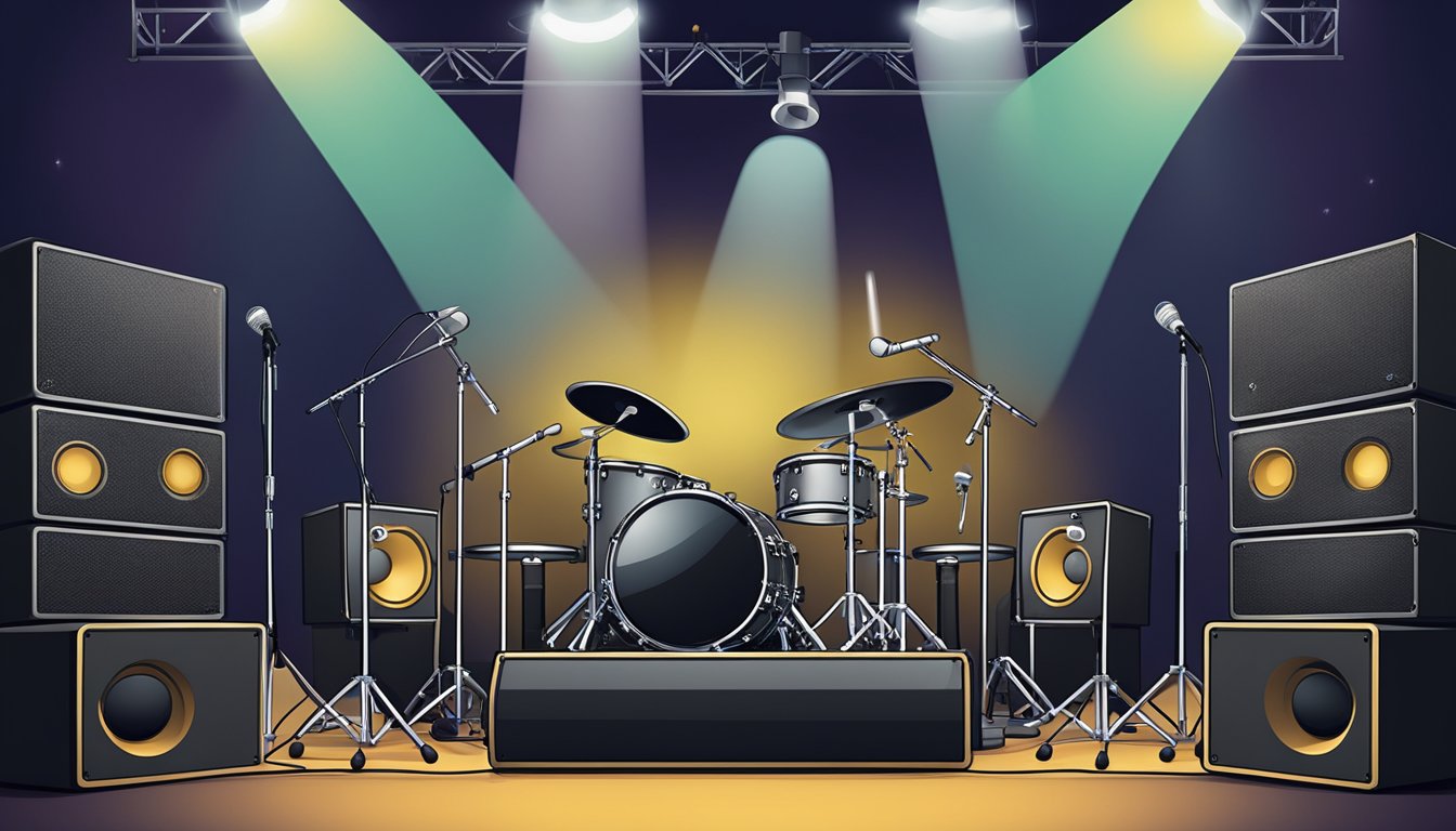 A stage with a spotlight on a microphone stand surrounded by musical instruments and amplifiers