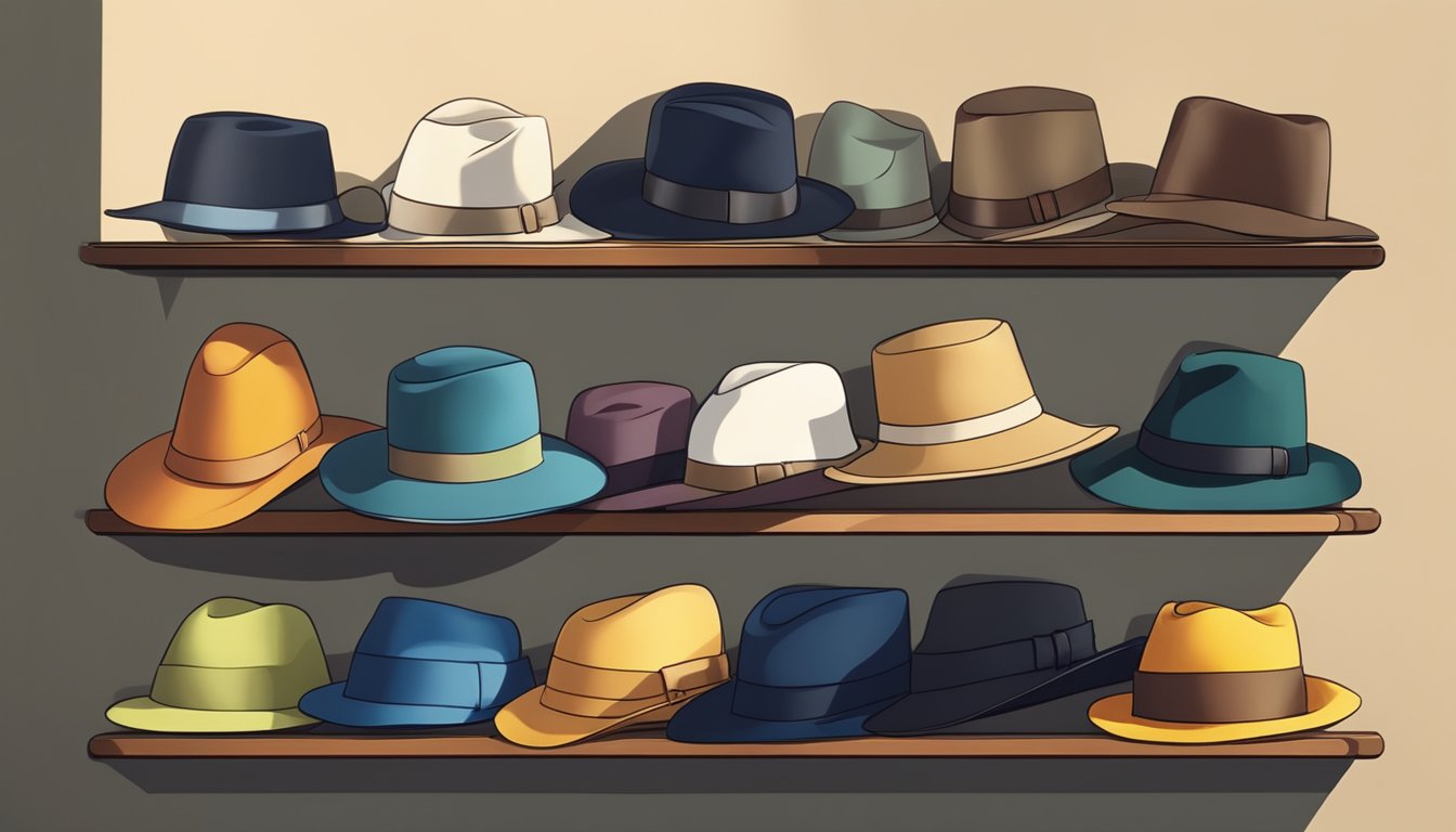 A row of hats of various styles and colors lined up neatly on a shelf, casting shadows in the soft light of a narrow room