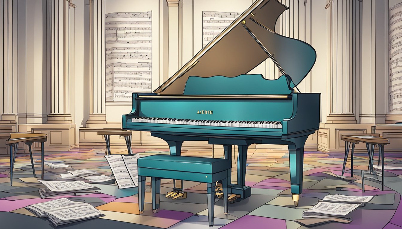 A grand piano surrounded by music stands, with sheet music scattered on the floor and a microphone set up for a performance