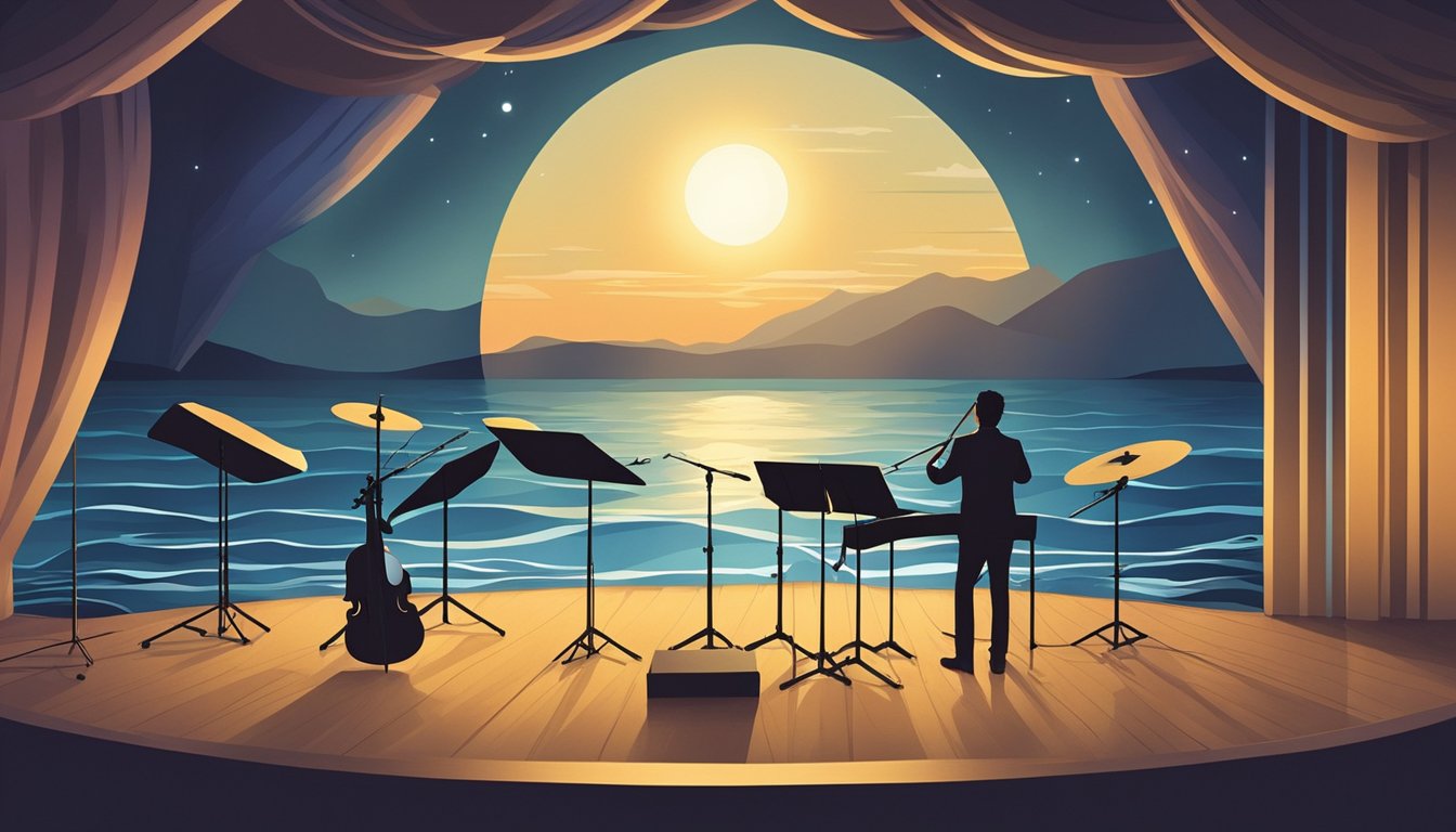 A lone figure stands on a stage, with a spotlight illuminating them as they play a variety of musical instruments, surrounded by a backdrop of a vast, open ocean