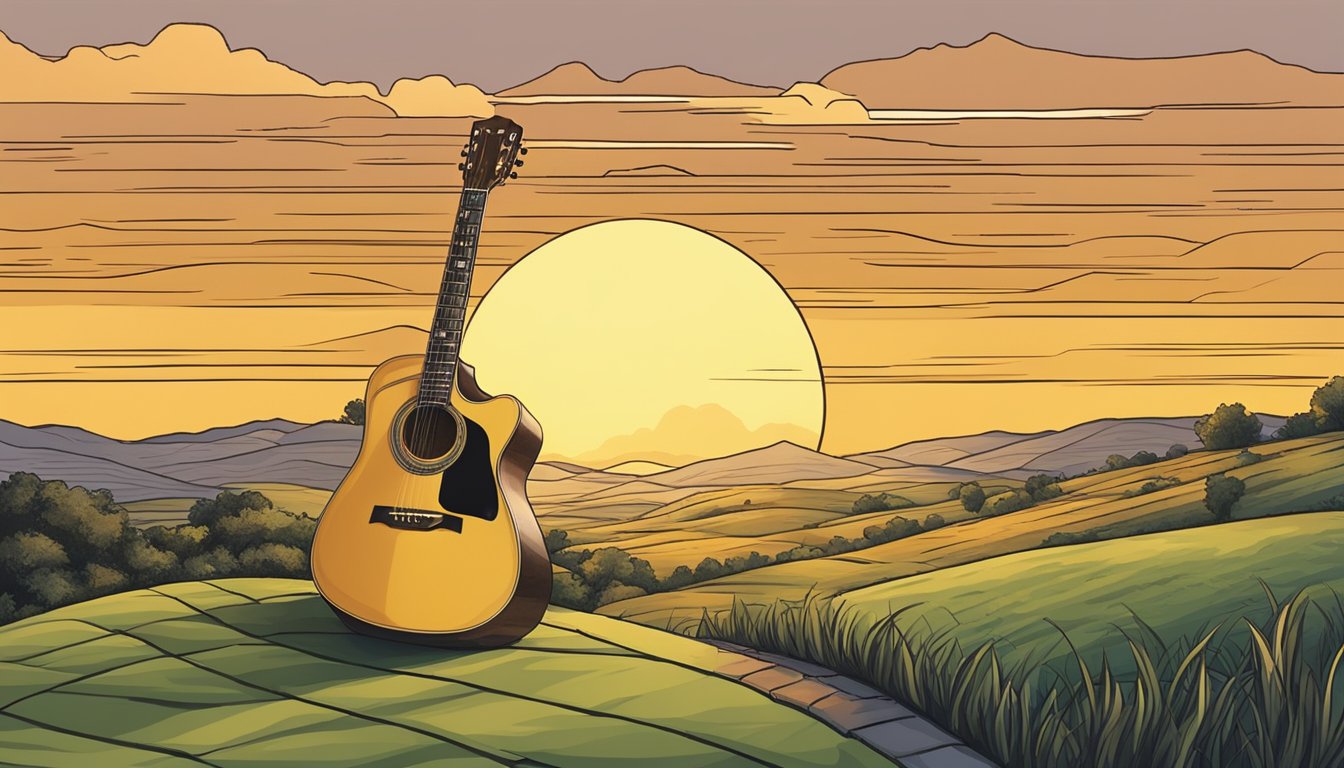 A lone guitar stands against a backdrop of rolling hills and a setting sun, symbolizing the central themes in George's music