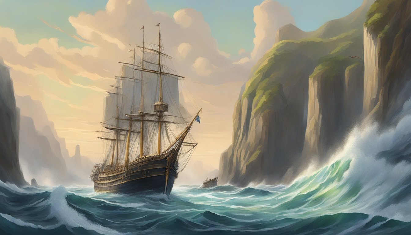 A narrow strait with towering cliffs on either side, a ship navigates through the choppy waters, symbolizing George's focused approach to genre