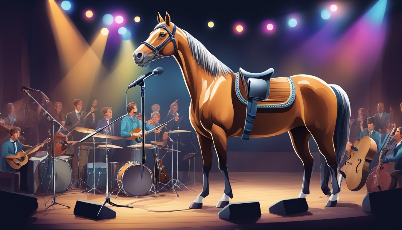 A horse on stage, surrounded by musical instruments, singing into a microphone with passion and enthusiasm