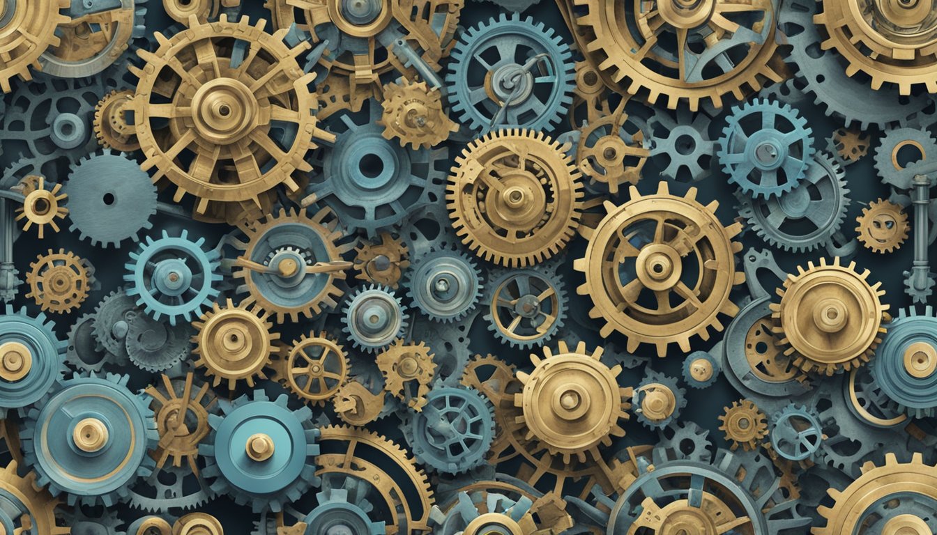 A group of interconnected gears and cogs, each representing a different musical influence, turning together at the core of a complex machine