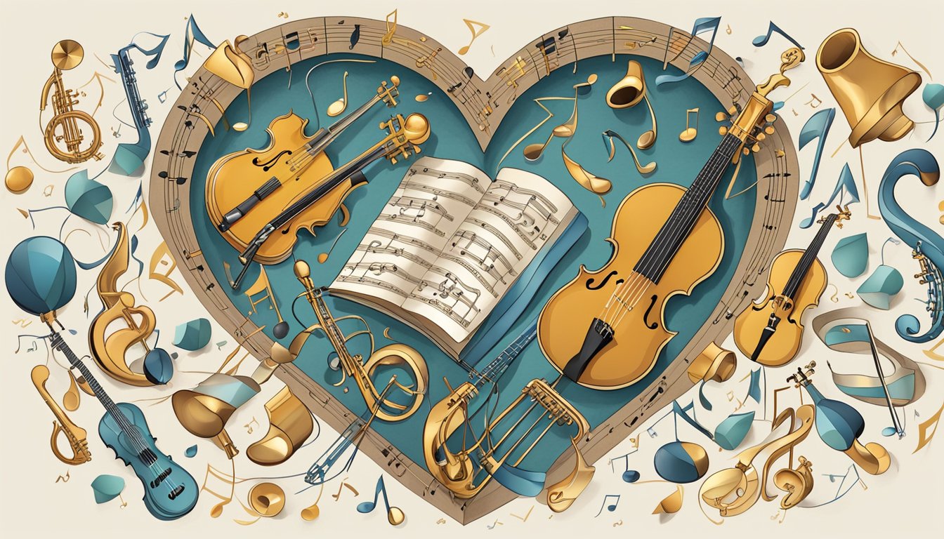 A musician's heart surrounded by musical notes and instruments, representing the central themes in George's music