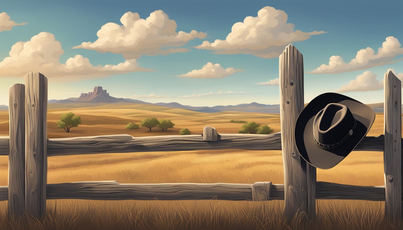 A lone cowboy hat resting on a weathered wooden fence post, with a guitar leaning against it, set against a backdrop of rolling hills and a big Texas sky