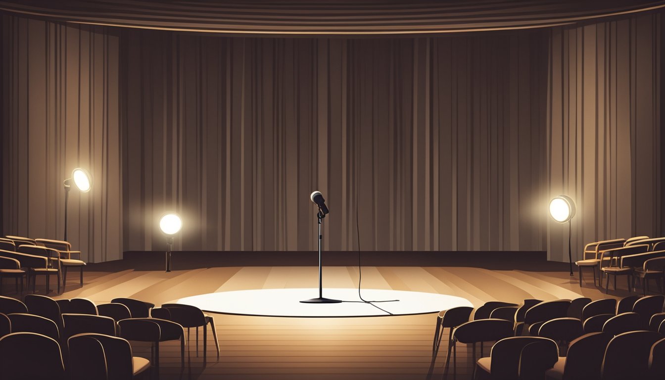 A lone microphone stands on a dimly lit stage, surrounded by empty chairs. A spotlight shines down, casting a dramatic shadow on the floor