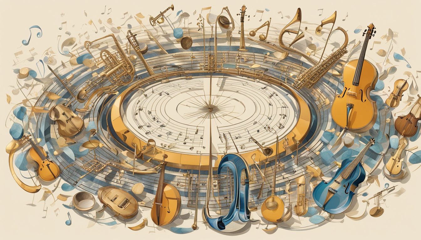 A collection of musical instruments arranged in a circle, surrounded by swirling notes and symbols representing the central themes in George's music