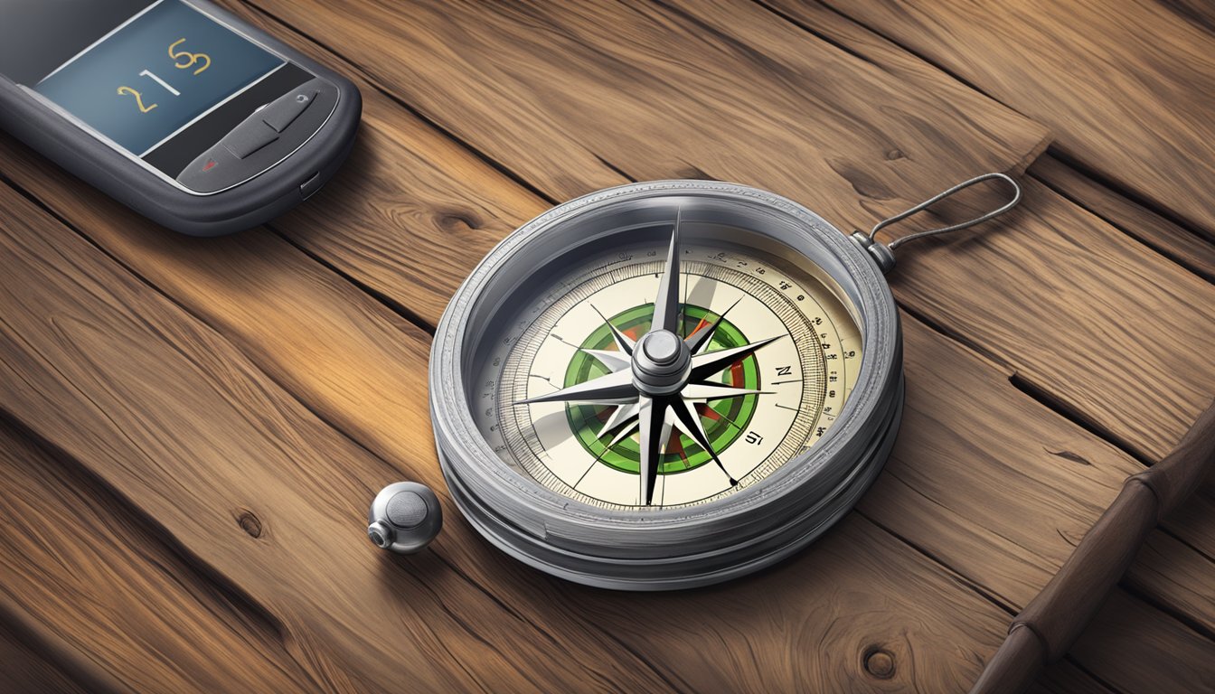 A vintage compass and a modern GPS device side by side on a weathered wooden table