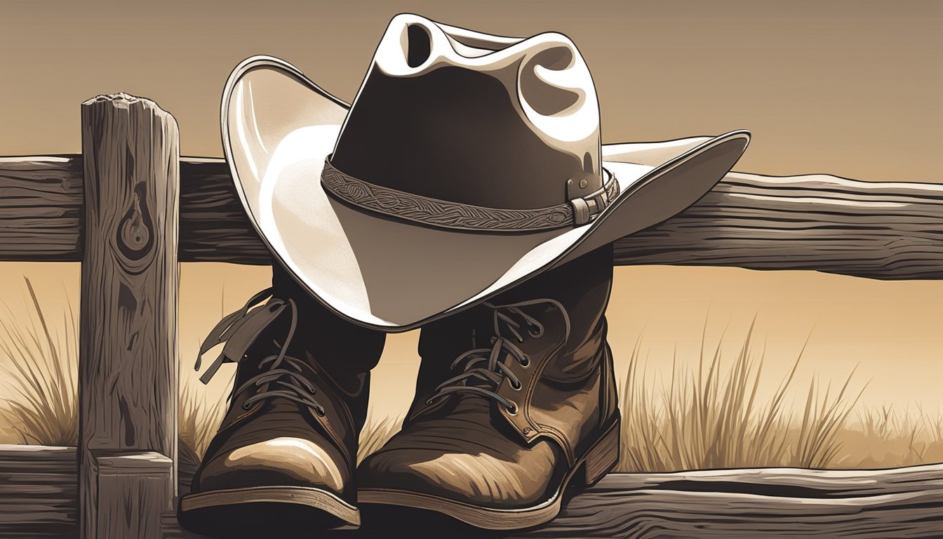 A lone cowboy hat resting on a weathered wooden fence post, with a pair of well-worn cowboy boots planted firmly in the dusty ground