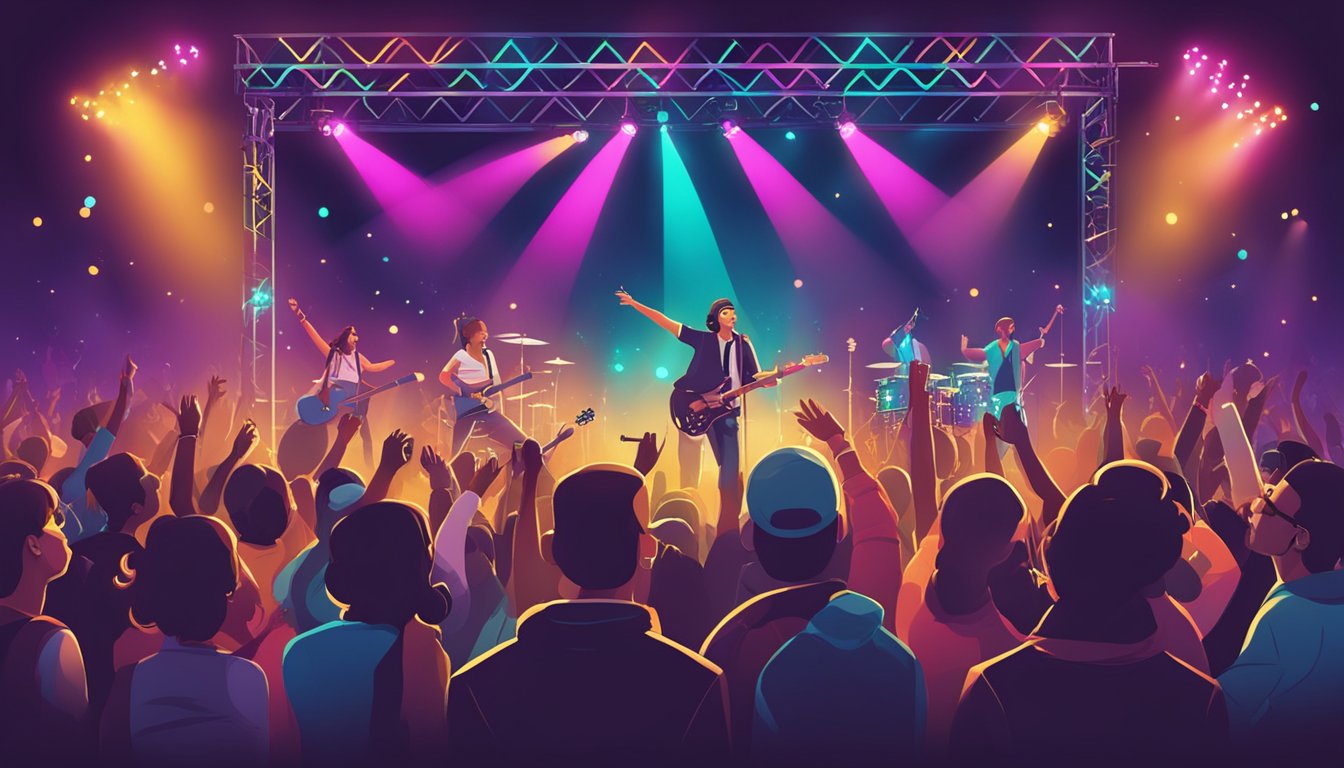 A vibrant stage with colorful lights and a diverse crowd cheering for a live band performing energetic music