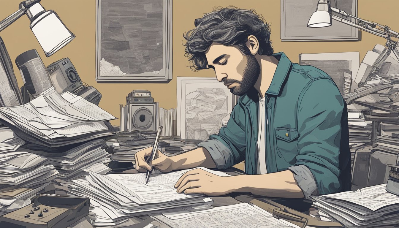 A songwriter sits at a cluttered desk, surrounded by crumpled paper and scattered instruments. A look of intense concentration on their face as they craft lyrics with raw honesty