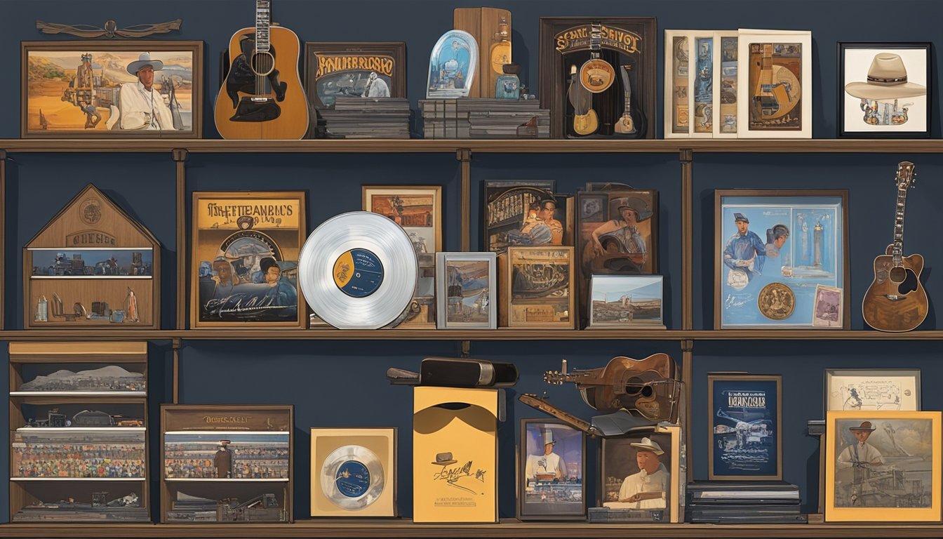 A collection of rare George Strait memorabilia displayed on shelves and in glass cases, including vintage vinyl records, concert posters, and autographed guitars