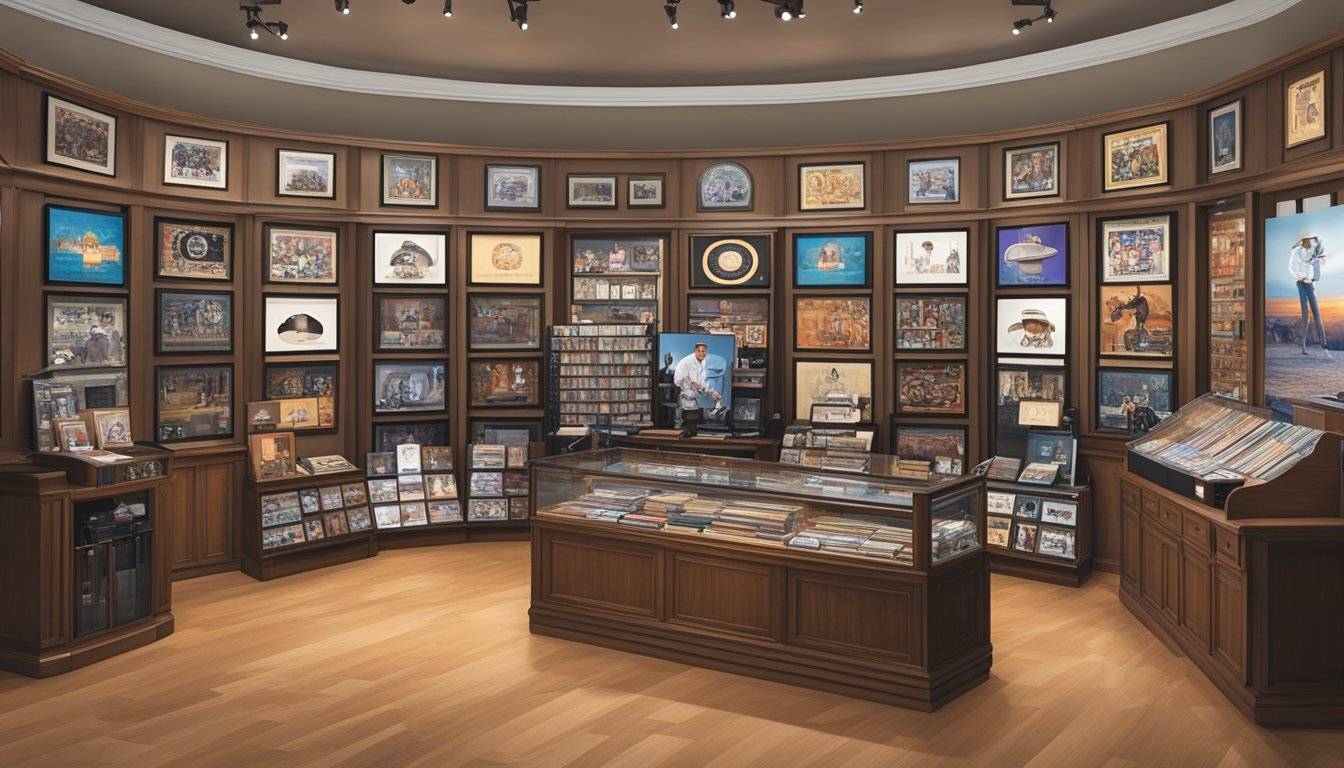 A display of rare George Strait collectibles, including vinyl records, concert posters, and autographed memorabilia, arranged in a well-lit showcase