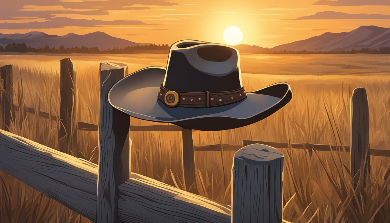 A lone cowboy hat resting on a weathered wooden fence post, with the sun setting behind it, casting a warm golden glow